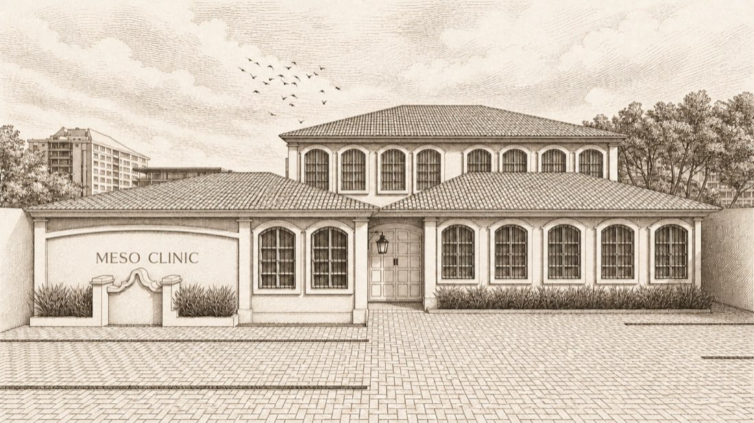 Fachada da Meso Clinic em gravura